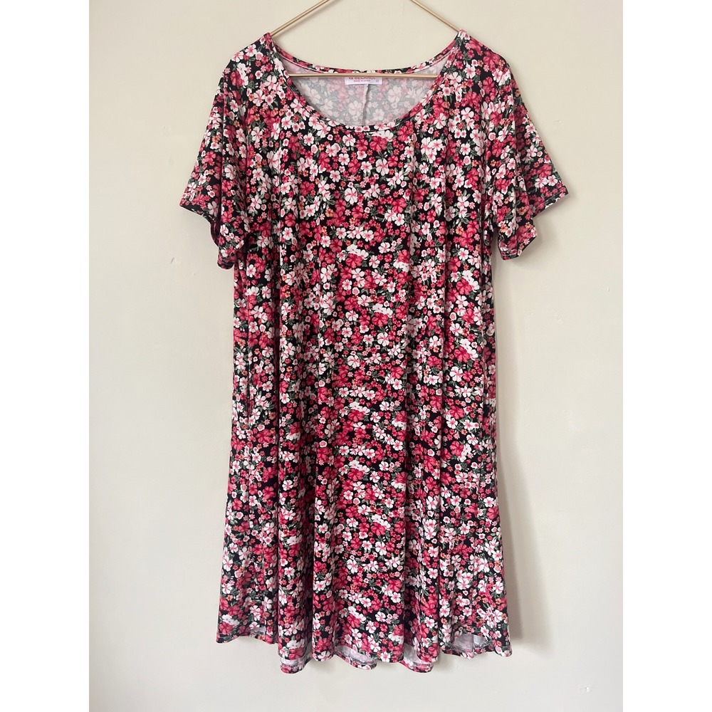 Belaroi Pink Floral Short Sleeve Swing Dress Plus Size 2X Cottagecore Pocketed